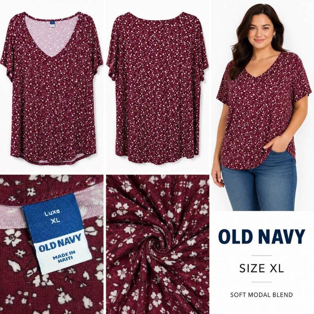 Old Navy Burgundy Floral V-Neck Short Sleeve Top XL